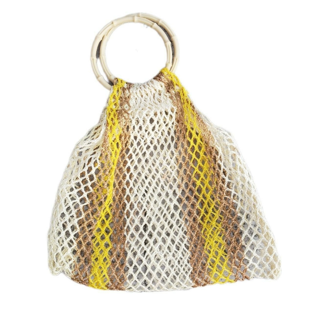60s 70s Coastal Cowgirl Boho Woven Market Bag Faux Bamboo Handles